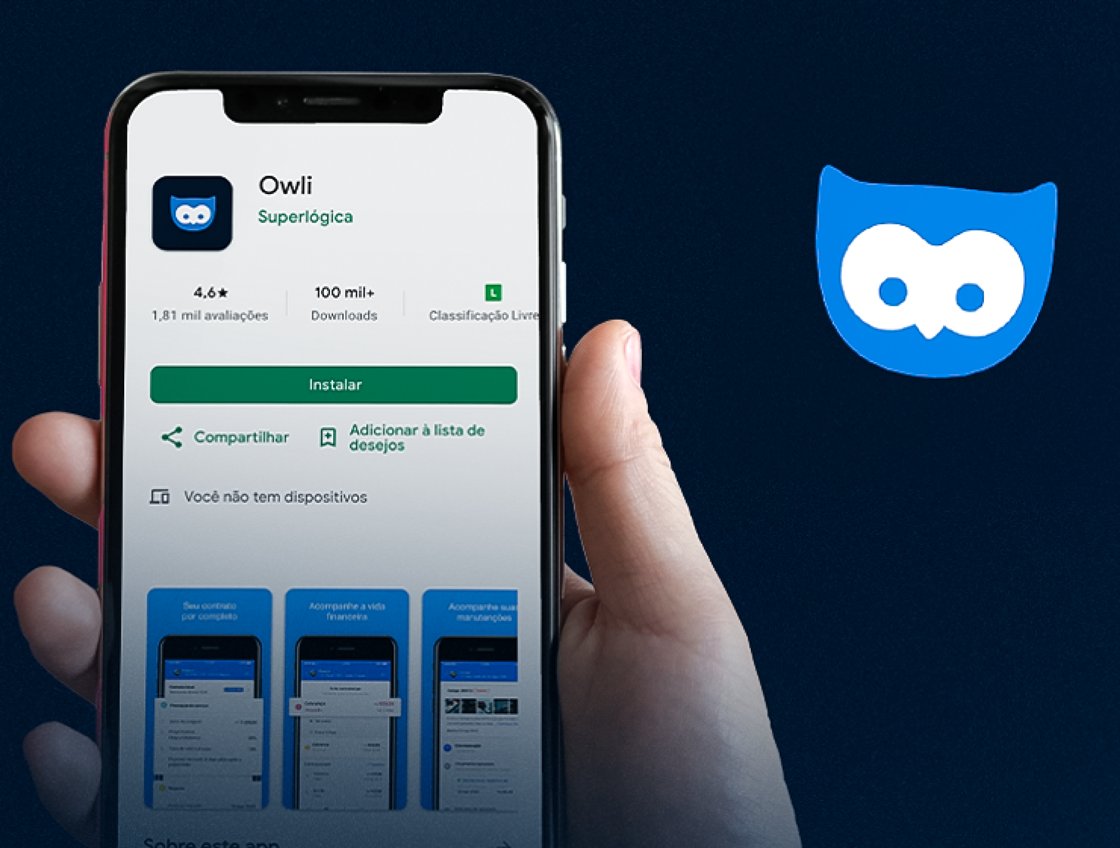 Celular com o app Owli, da Superlógica, aberto na loja de aplicativos
